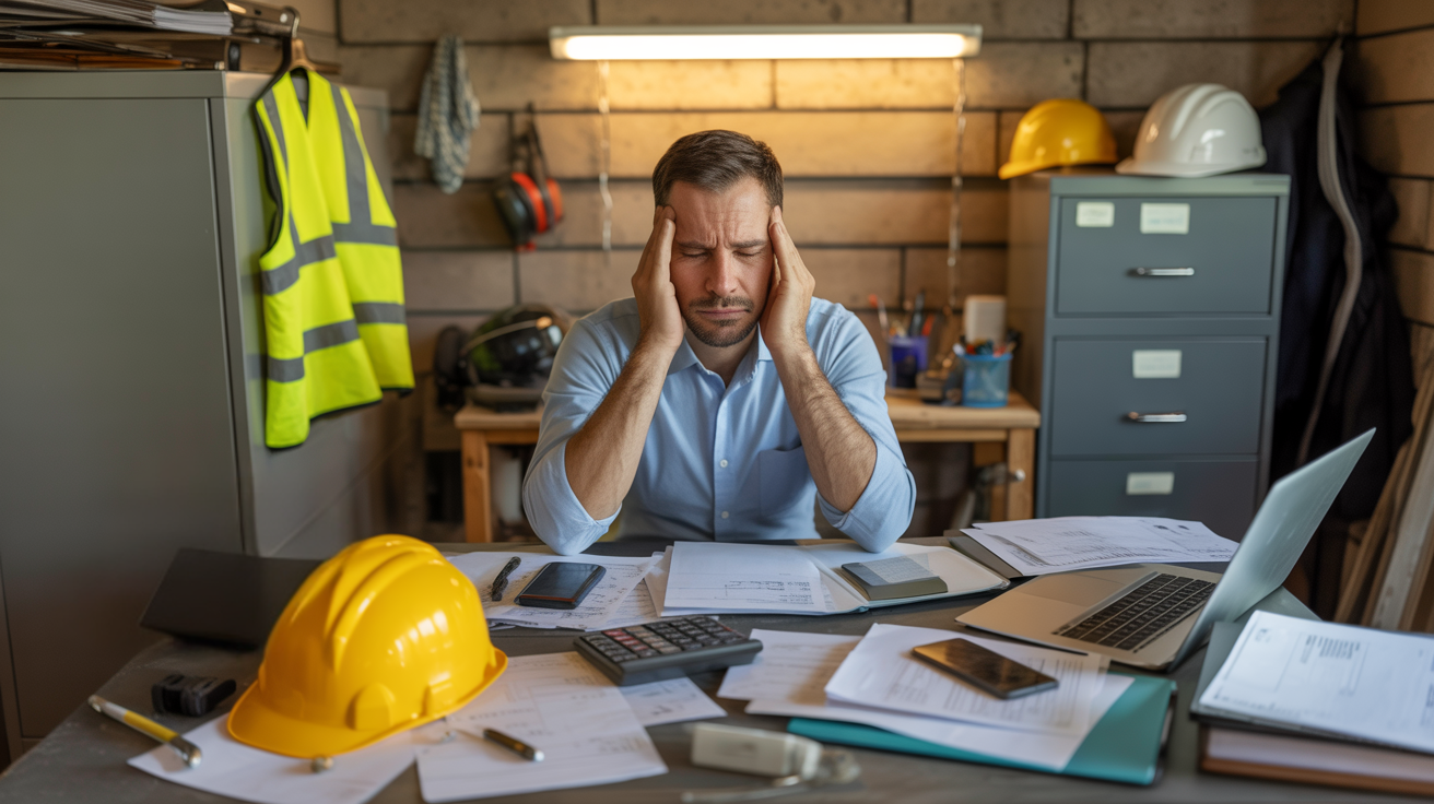 Overwhelmed contractor rubbing his temples at a cluttered desk covered in paperwork with hard hat nearby